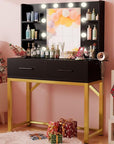 Furmax Vanity Desk with Mirror and LED Light Bulb, Small Makeup Vanity Table with Drawers, Dressing Table with Power Outlet and Hair Drayer Holder for Bedroom (Black & Gold)