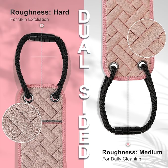 Exfoliating Back Scrubber with Upgraded Handles, 38.5 Inch Double-Sided Body Scrub Bath Exfoliator, Exfoliating Washcloth for Use in Shower, Back Washer to Deep Clean Your Skin for Men & Women (Pink)