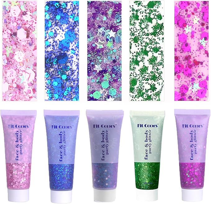 Face Body Glitter, Hair Glitter Sparkles Chunky Face Glitter Gel for Girls Makeup Singer Concerts Mermaid Festival Sequins Face Paint