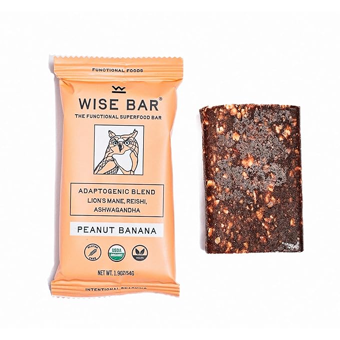 Wise Bar Adaptogen Mushroom Nutrition Bars | Peanut Butter Banana Flavor | 12 Count | Functional Mushrooms and Adaptogens Bar | Organic Nutrition Energy Bars, Vegan, Gluten Free