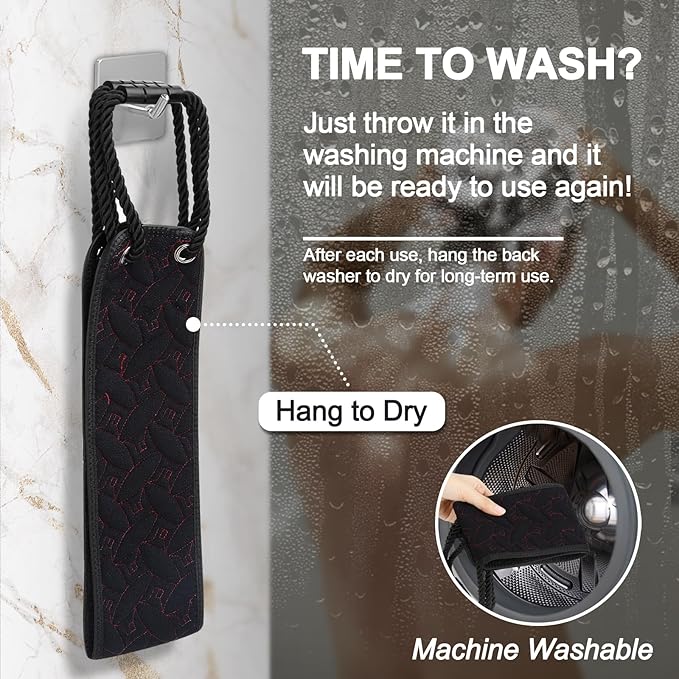 Exfoliating Back Scrubber for Use in Shower, 38.5 Inch Back Washer with Handles, Dual-Sided Body Exfoliator for Daily & Deep Skin Cleaning, Bath Back Scrub Washcloth for Men & Women (Black)