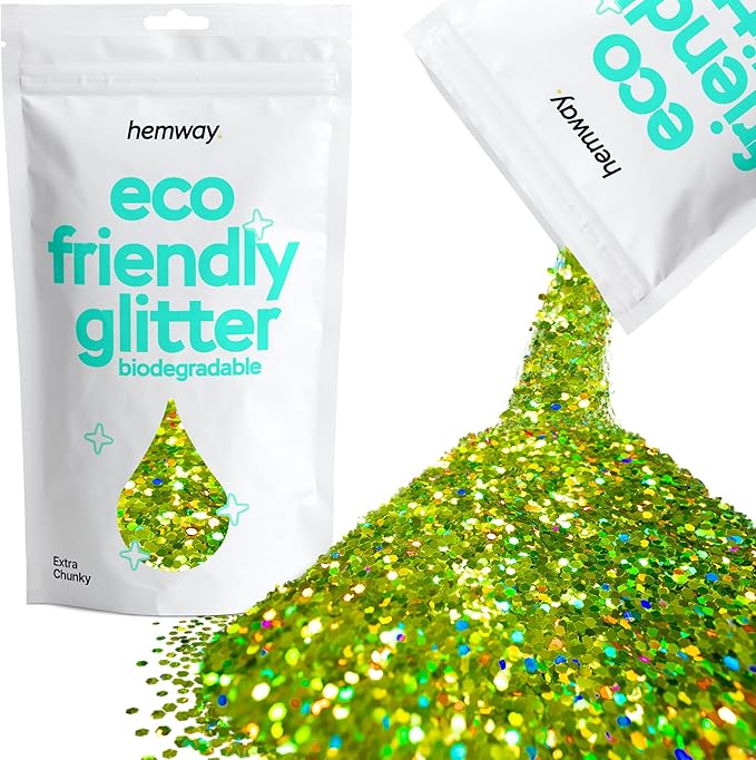 Hemway Eco Friendly Biodegradable Glitter 100g / 3.5oz Bio Cosmetic Safe Sparkle Vegan for Face, Eyeshadow, Body, Hair, Nail and Festival - Extra Chunky (1/24" 0.040" 1mm) - Lime Green Holographic
