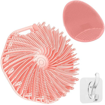 Manmihealth Silicone Handheld Manual Facial Cleansing Brush & Silicone Body Scrubber Shower Brush with Non-Slip Hand Strap Set 2 PCS, Deep Cleansing Face Body Scrubber with a Free Hook (Pink*2)