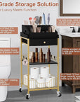 Large Makeup Organizer Cart with Hair Tool Holder, Rolling Makeup Cart with Drawer, 2-in-1 Vanity Organizer Cosmetic Display Cases for Skin Care Perfume Nail Polish Brush Tools, Gold & Black