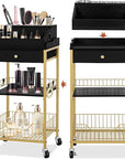Large Makeup Organizer Cart with Hair Tool Holder, Rolling Makeup Cart with Drawer, 2-in-1 Vanity Organizer Cosmetic Display Cases for Skin Care Perfume Nail Polish Brush Tools, Gold & Black