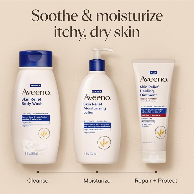 Aveeno Skin Relief Moisturizing Lotion Heals Very Dry, Sensitive Skin, Fast-Absorbing Body Lotion with Soothing Triple Oat & Shea Butter Formula, Fragrance Free, Non-Comedogenic, 18 fl. oz