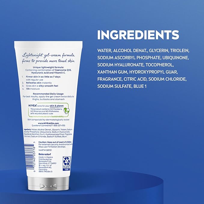 NIVEA Skin Firming & Toning Body Gel Cream with Q10, Hyaluronic Acid and Vitamin C, Clinically Tested Skin Firming & Toning Cream, 72-Hour Moisture, 6.7 Oz Tube