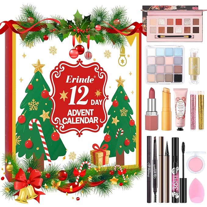 Erinde Makeup Advent Calendar 2025, 12 Days Christmas Gift Makeup Set for Teen Girls & Women, 2025 Xmas Holiday Countdown Calendar Beauty & Cosmetics Holiday Surprise Make Up Gift Kits for Women