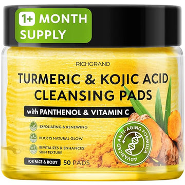 Turmeric Kojic Acid Cleansing Pads - Exfoliating Turmeric Pads for Face Dark Spots, Discoloration - Daily Skin Care for Men & Women - Natural Glow Facial Wash