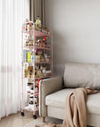 6 Tier Slim Rolling Storage Cart with Wheels, Metal Mobile Shelving Unit Organizer Utility Cart for Office Bathroom Kitchen Laundry Room Narrow Places (Pink 10 Inches)
