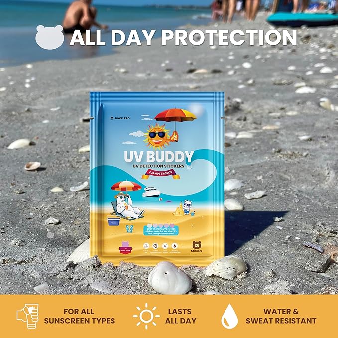 UV Buddy 28 Pack Bear Shaped UV Detection Stickers for Sunscreen - Fun Kid Friendly Sun Protection Reminder for Parents Adults | Waterproof Sunscreen Patch UV Patch Sunblock Stickers for Reapplying