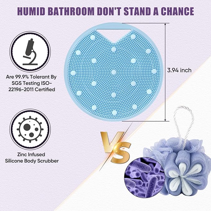 Lymphatic Drainage Silicone Body Scrubber for Shower - Exfoliating Silicone Loofah with Zinc Infused and Stiff Massage Nodes，for Improving Skin Health and Reduces Acne -Azure