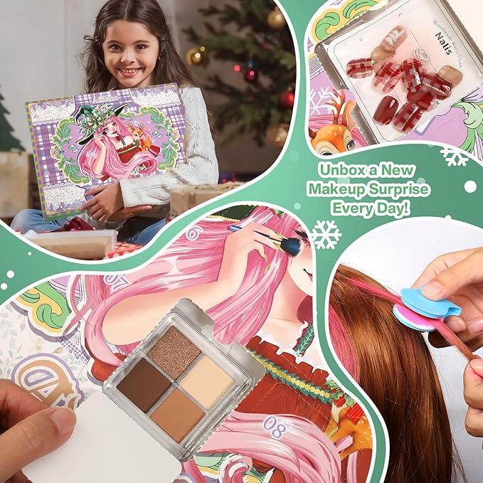 Makeup Advent Calendar 2025 Teens Girl, 24 Days Christmas Countdown Face Eyes Lip Nail Beauty Advent Calendar for Girls Women, 24 Pcs Xmas Holiday Makeup Gifts Sets, Festival Surprise Full Makeup Kits