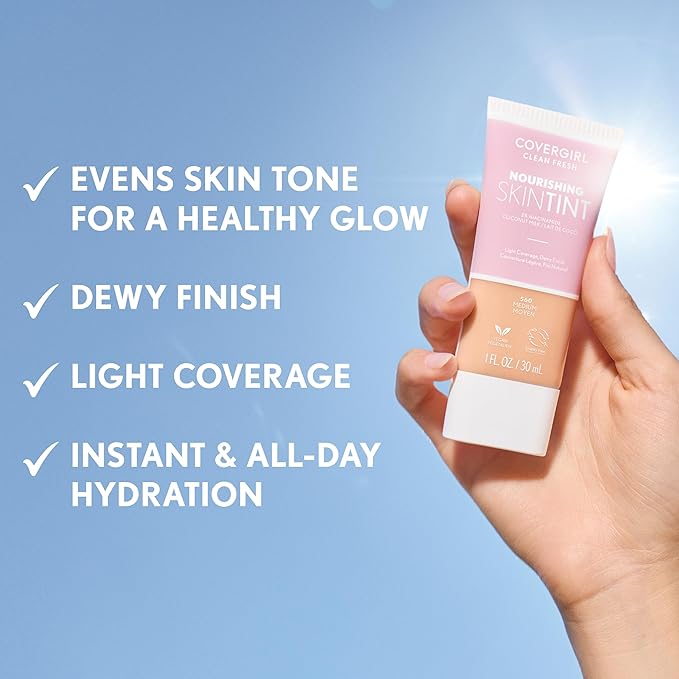 COVERGIRL Clean Fresh Nourishing Skin Tint, 520 Fair/Light, Liquid Foundation, Dewy Finish, Infused with Coconut & Aloe, Vegan Formula
