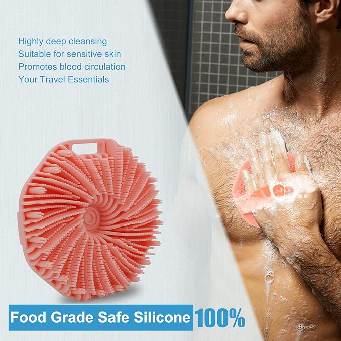 Silicone Body Scrubber, Exfoliating Shower Scrubber, Non-Slip Handle for Easy Cleaning, Travel Friendly (Pink)