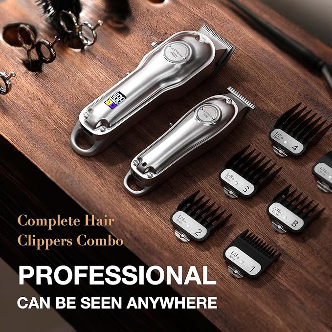 SUPRENT® PRO Professional Hair Clippers for Men- Hair Cutting Kit & Zero Gap T-Blade Trimmer Combo- Cordless Barber Clipper Set with LED Display for Mens Gifts (Silver)