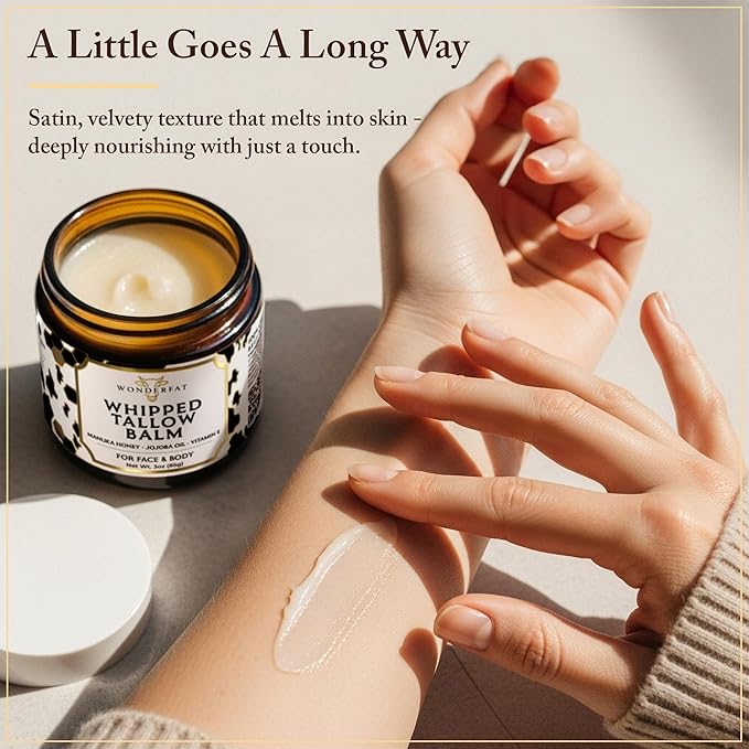 Beef Tallow for Skin & Face – Whipped Tallow & Honey Balm – 100% Grass Fed Tallow Face Moisturizer with Mango Butter, Jojoba Oil, Vitamin E – Organic Beef Tallow Balm for Dry Skin & Wrinkles – 3 oz