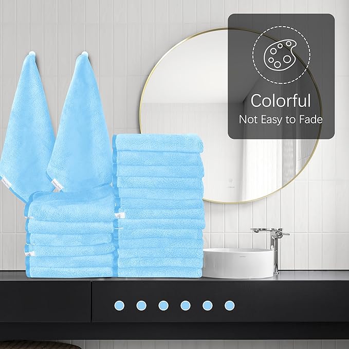Cosy Family 24 Pack Soft Washcloths Set - 12 x 12 inches, Quick Drying - Highly Absorbent Coral Velvet Fingertip Towel Bathroom Wash Clothes for Bath, Spa, Facial, Kitchen - Aquamarine