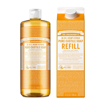 Dr. Bronner's Pure-Castile Magic Soap Liquid, Citrus, Made with Organic Oils for Body, Face, Hair, Dishes, Laundry Vegan, Natural, Non-GMO, Biodegradable, 18-in-1 Multi-Use - Citrus, 32oz + Refill