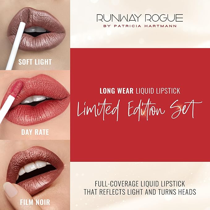 Runway Rogue Try Me x 3 Mini Long Wear Limited Edition Liquid Lipstick Set, Sunset Trio (‘Soft Light’, ‘Day Rate’, ‘Film Noir’)
