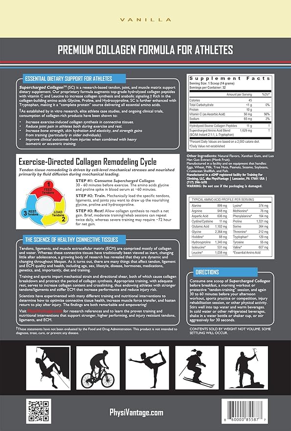 PhysiVantage Supercharged Collagen Peptides Powder - Hydrolyzed Collagen for Joint, Tendon, Ligament, & Skin Health Support - Vanilla, Keto, Paleo, 16oz | Enhanced with Vitamin C, BCAAs, Grass-Fed