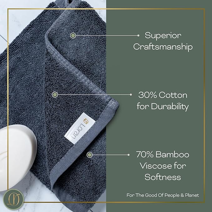 Charcoal Grey Extra Large Washcloths Set of 6 Soft Body Cloths 13” x 13” 70% Viscose Derived from Bamboo, 30% Cotton Spa-Like Feel Silky for Skin Cleansing