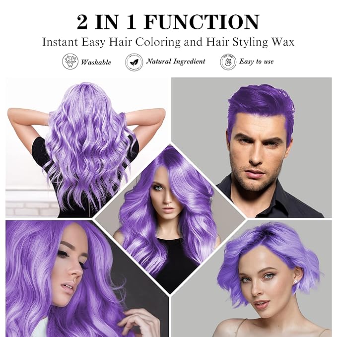 Temporary Purple Hair Spray Color Wax 4.23 oz, Instant Natural Violet Hairstyle Cream Dye, Washable Styling Pomades, Disposable Coloring Mud for Women Youth Men, Party Cosplay DIY Halloween