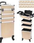 Professional Rolling Makeup Case with Wheels, 5-in-1 Makeup Train Case, Cosmetic Makeup Trolley Cart Travel Cosmetology Case On Wheels with Key for Hairstylists, Nail Tech (Gold Crystal)