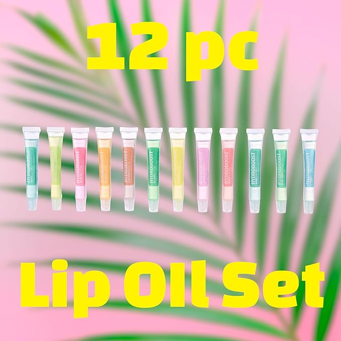 EXPRESSIONS 12pc Lip Oil Set - Flavored Lip Oils Value Pack, Hydrating Lip Oils w/Squeeze Tube Application, Moisturizing Lip Oil Collection for Everyday Lip Care and Lip Repair (HYDROBOOST)