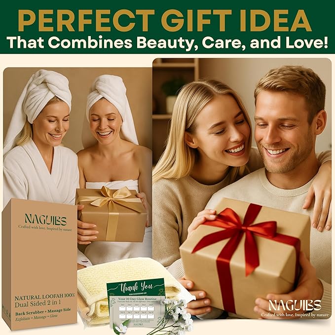 Premium 2 in 1 Egyptian 100% Natural loofah with Handle Back Scrubber for Shower and Massage exfoliating Body Scrubber for Women and Men Back Scratcher washers for Shower loofa Clean Your Back Deeply