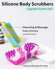 2 PC Silicone Body Scrubber, 2 in 1 Exfoliating Shower Bath Scrubber, Soft Silicone Loofah for Sensitive Skin, Shower Hair Scalp Massager, Easy to Clean, Lather Well (Purple & Yellow)