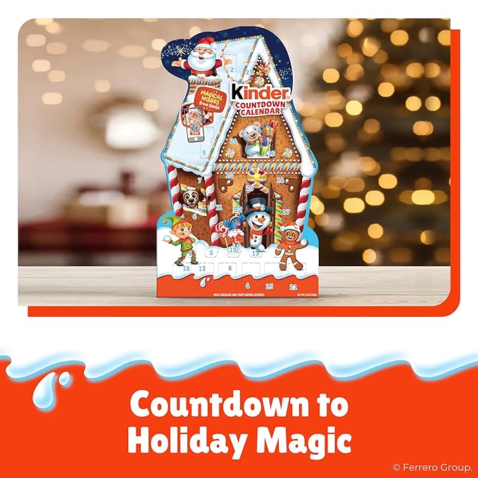 Kinder 2025 Advent Calendar, 24 Individually Wrapped Pieces, Chocolate Candy, Holiday Treats, 6.9 oz