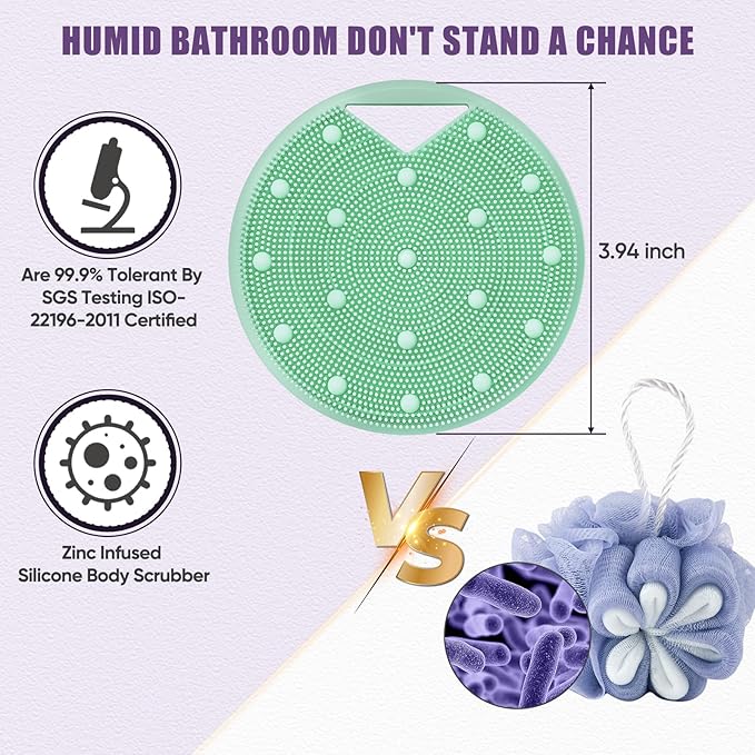 Lymphatic Drainage Silicone Body Scrubber for Shower - Exfoliating Silicone Loofah with Zinc Infused and Stiff Massage Nodes，for Improving Skin Health and Reduces Acne-Green