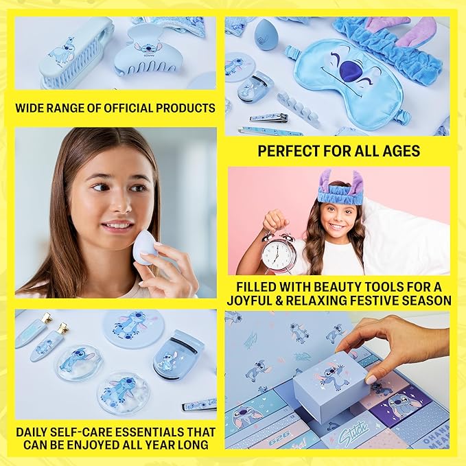 Get Trend Disney Stitch Advent Calendar 2025 Women Teens Makeup Brushes Hair Clips Eye Mask Beauty Pamper Gift Set Christmas Countdown Gifts for Her (Blue Stitch)