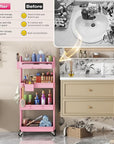 Goovilla Rolling Makeup Organizer Cart with Removable Drawer, 4 Tier Stable Pink Floor Skincare Storage Cart for Vanity, Cosmetic Display, Nail Polish, Perfume, Hair Stuff, Beauty, Bathroom(Plastic)