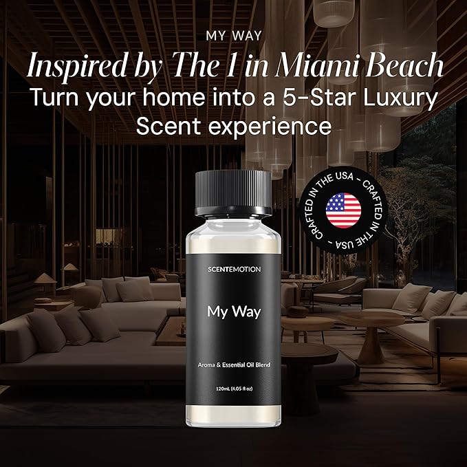 SCENTEMOTION My Way Diffuser Oil Inspired by The 1 Miami Beach Scent, Scent Diffuser Oil with Notes of Cardamom, Leather, Lemon & Iris, Aromatherapy Fragrance, Essential Oil Blend | 120ml, 4.05 fl oz