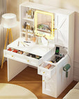 Pamapic Sliding Mirror Makeup Vanity with Lights, Glass Top Vanity Desk with Jewelry Cabinet, 3 Color Lighting Modes, 12 Compartments, 3 Drawers, Dressing Table with Power Outlet, White, Bedroom