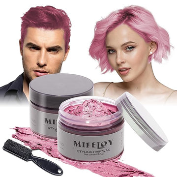 2 Pack Temporary Pink Hair Color Wax with 1 Dye Brush, Instant Natural Hairstyle Cream 4.23 oz, Disposable Coloring Mud for Men Women Youth, Washable Styling Pomades, Party Cosplay Halloween