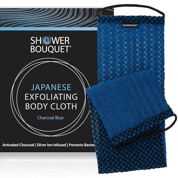 Japanese Exfoliating Washcloth for Back & Body - Charcoal & Silver Ion Exfoliating Towel with Handles - Two-Sided Gentle Exfoliation & Deep Cleansing Soft Body Wash Cloths for Shower - Blue
