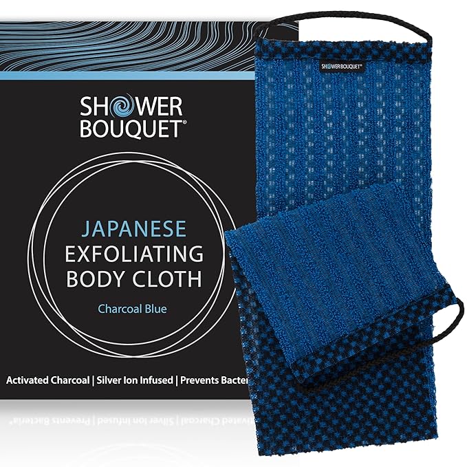 Japanese Exfoliating Washcloth for Back & Body - Charcoal & Silver Ion Exfoliating Towel with Handles - Two-Sided Gentle Exfoliation & Deep Cleansing Soft Body Wash Cloths for Shower - Blue