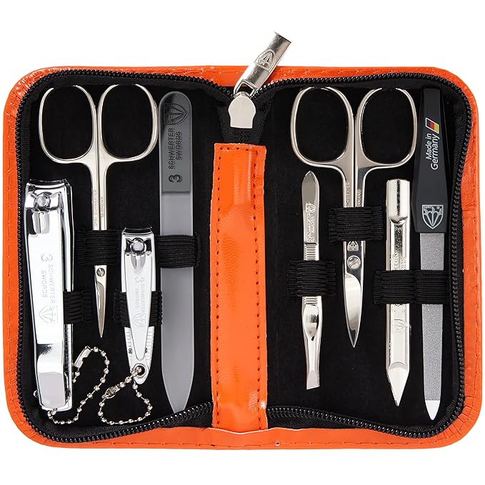 3 Swords Germany - brand quality 8 piece manicure pedicure grooming kit set synthetic leather case orange - Made in Germany