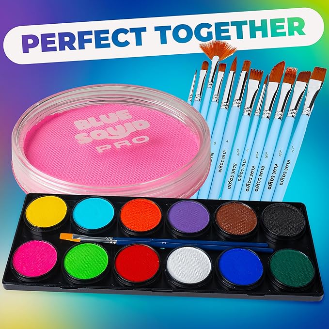Blue Squid Face Paint Water Based Single Cake Professional Face Paint & Body Paint - Water Activated, Kids Adults Face Painting for Costume, Halloween Makeup, Cosplay - UV Pastel Pink Face Paint 30g