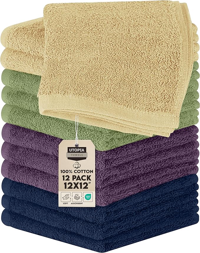 Utopia Towels 12 Pack Cotton Washcloths Set, 100% Ring Spun Cotton, Premium Flannel Face Cloths, Highly Absorbent and Soft Feel Fingertip Towels, Beige, Plum, Sage Green, Navy