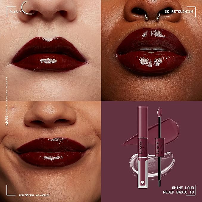 NYX Professional Makeup Shine Loud, Long-Lasting Liquid Lipstick with Clear Lip Gloss - Never Basic (Warm Burgundy)