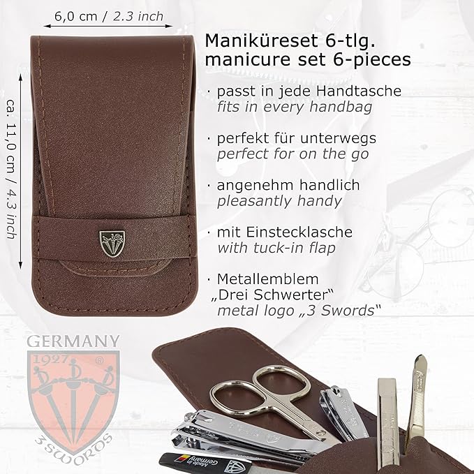 3 Swords Germany - brand quality 6 piece manicure pedicure grooming kit set for professional nail care with camo synthetic leather case - Made in Germany