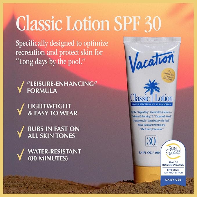 Vacation Classic Sunscreen Lotion SPF 30 & Air Freshener Bundle, Water-Resistant, Lightweight, Transparent on All Skin Tones, Dermatologist-Tested, Vegan, Travel Size, 3.4 Fl. Oz.