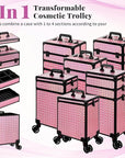 AROUS 5 in 1 Rolling Makeup Train Case Cosmetology Case on Wheels Large Cosmetic Organizer Travel Cart for Hairstylist Artist Nail Beauty Salon Barber,Pink