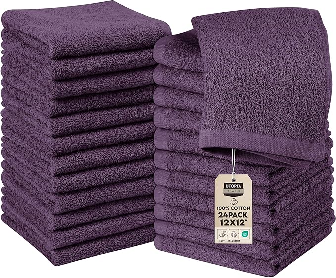 Utopia Towels 24 Pack Cotton Washcloths Set, 100% Ring Spun Cotton, Premium Quality Flannel Face Cloths, Highly Absorbent and Soft Feel Fingertip Towels, Plum