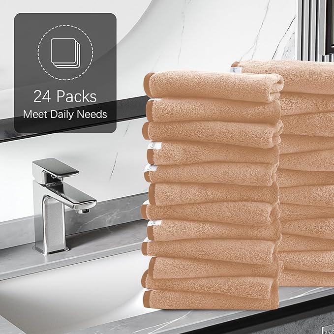 Cosy Family 24 Pack Soft Washcloths Set - 12 x 12 inches, Quick Drying - Highly Absorbent Coral Velvet Fingertip Towel Bathroom Wash Clothes for Bath, Spa, Facial, Kitchen - Brown