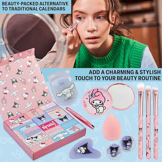Get Trend Hello Kitty Advent Calendar 2025 Women Teens Makeup Brushes Hair Clips Eye Mask Beauty Pamper Gift Set Christmas Countdown Gifts for Her (Pink Hello Kitty)